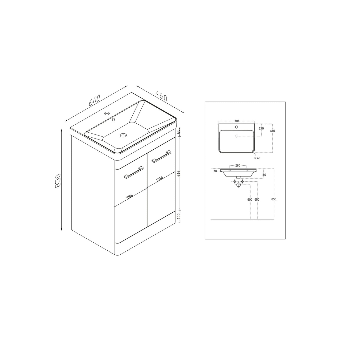 Rossini 600mm wide Vanity with Basin - Pebble Grey