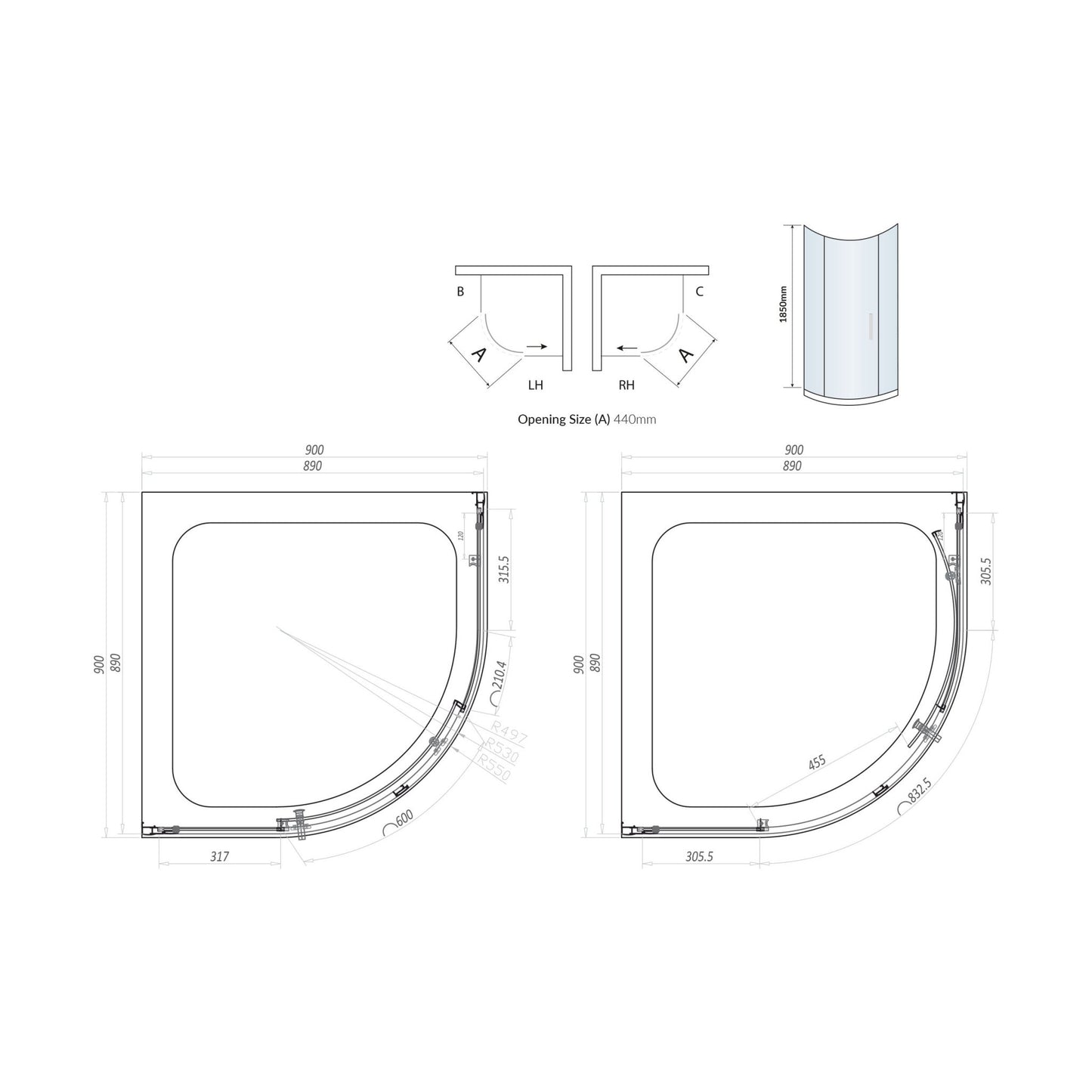 Scudo Standard Chrome S6 Single Door Equal Quadrant Shower Enclosures - 6mm Glass