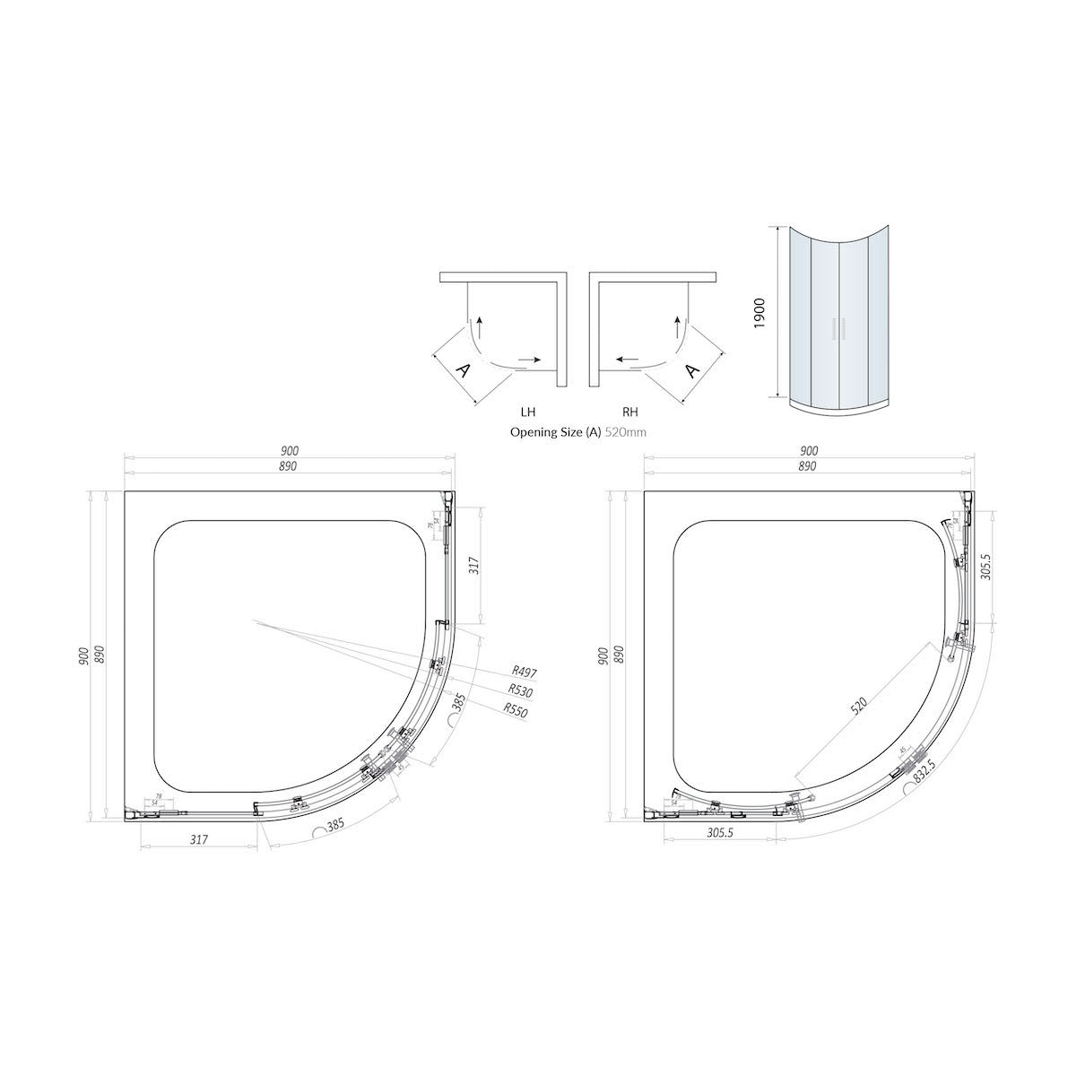 Scudo Luxury Chrome S8 Single Door Equal Quadrant Shower Enclosures - 8mm Glass