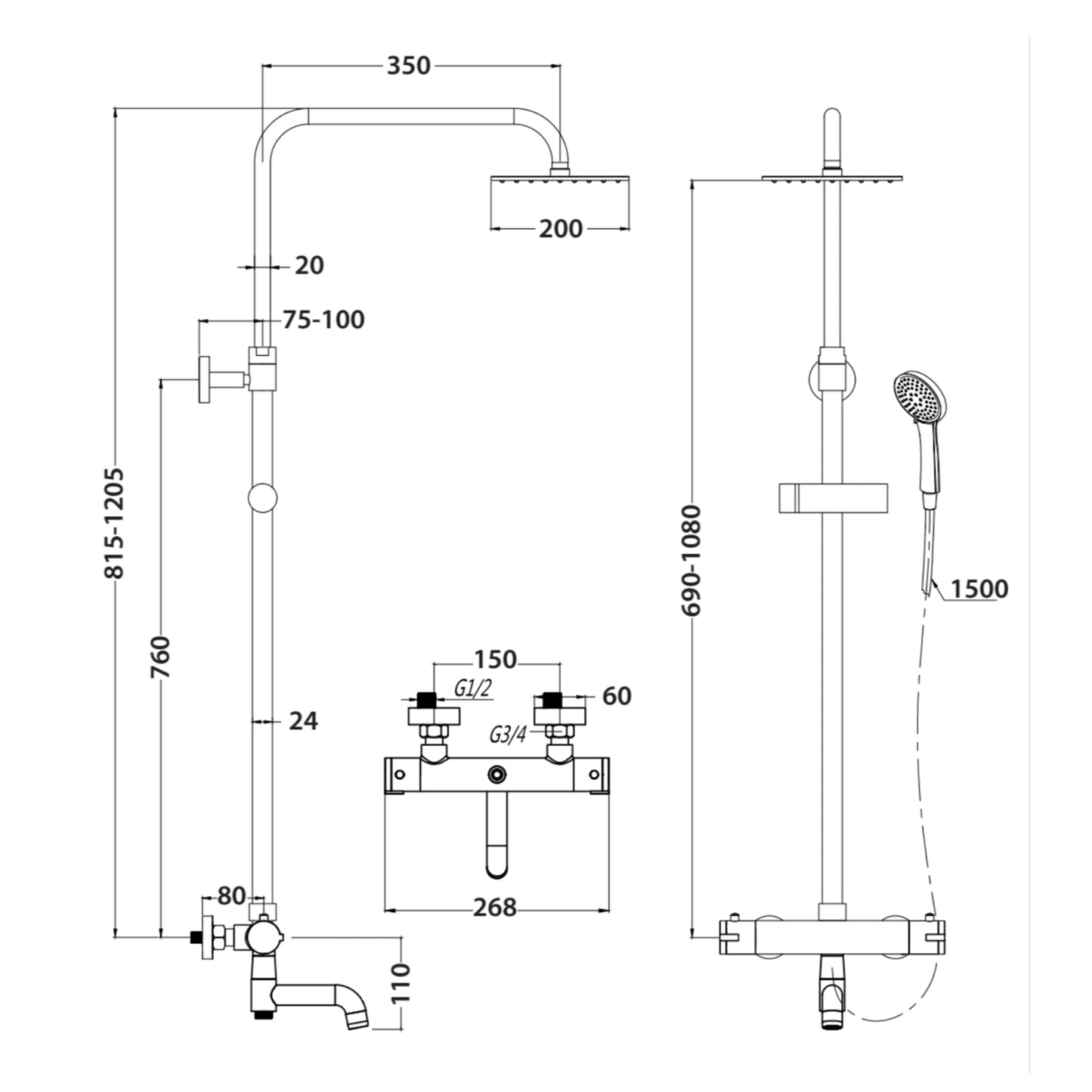 Scudo Solar Round chrome Thermostatic Shower with rigid, Adjustable risers and Bath Filler