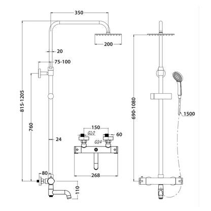 Scudo Solar Round chrome Thermostatic Shower with rigid, Adjustable risers and Bath Filler