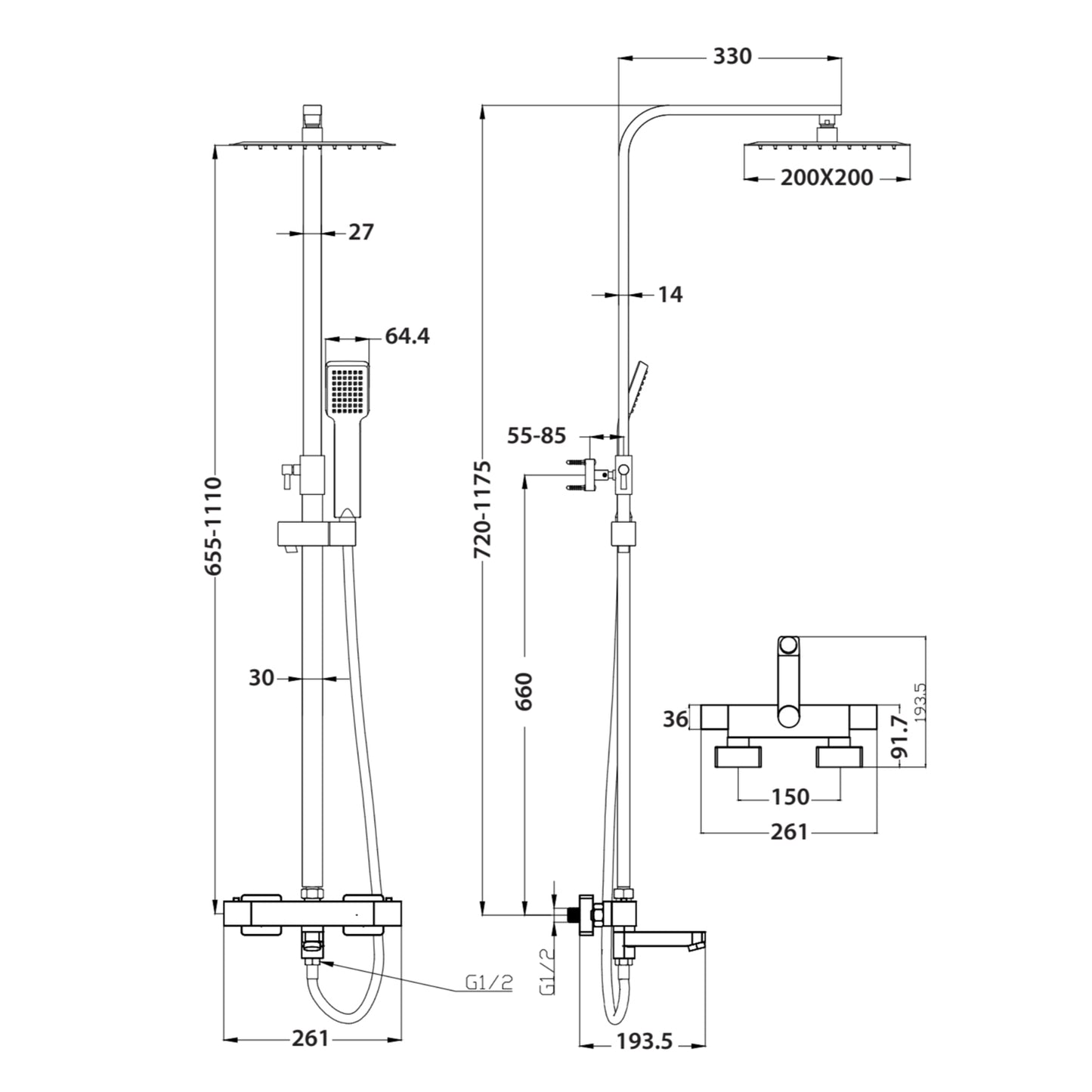 Scudo Block Round chrome Thermostatic Shower with rigid, Adjustable risers and Bath Filler