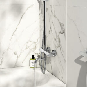 Scudo Solar Round chrome Thermostatic Shower with rigid, Adjustable risers and Bath Filler