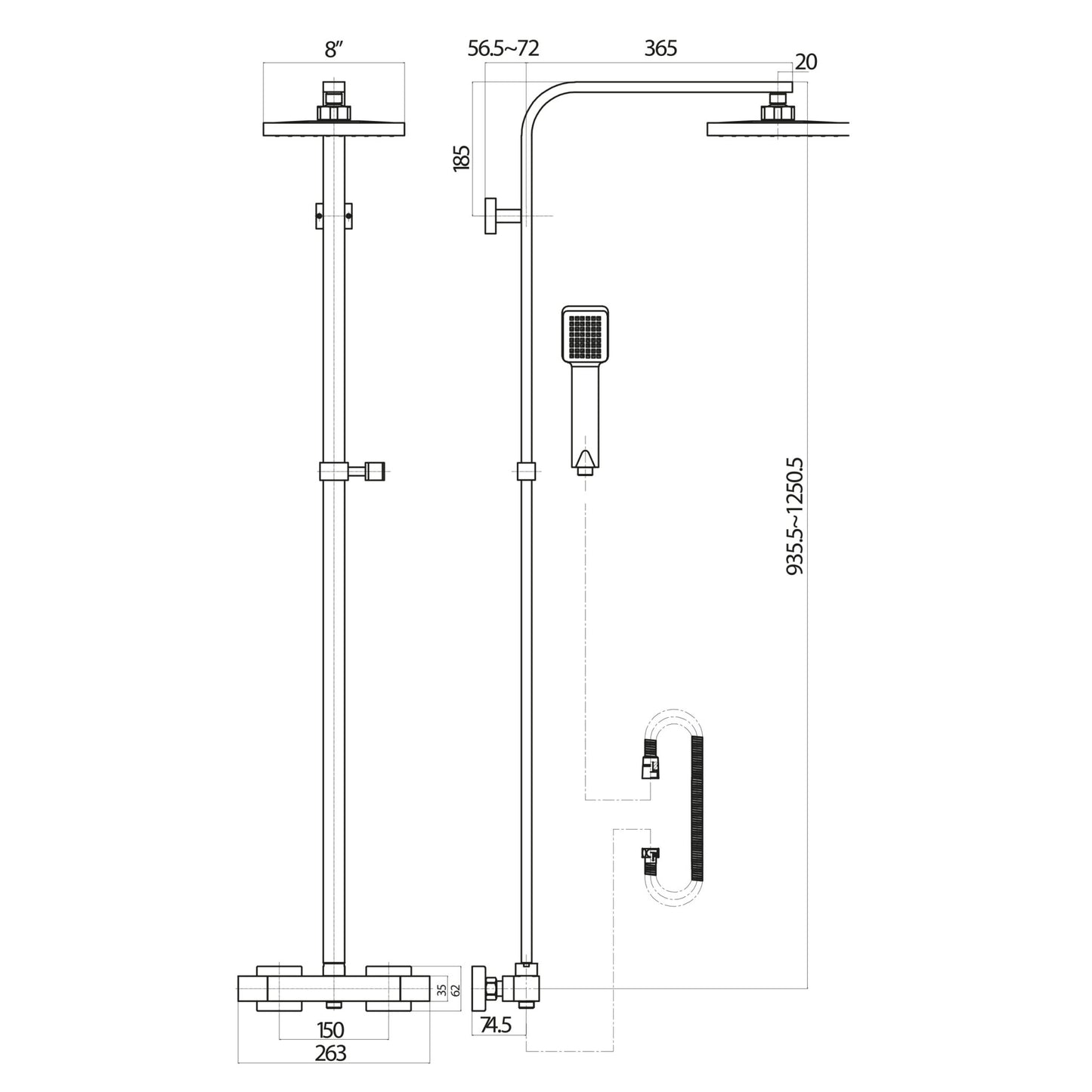 Scudo Elliot Square Thermostatic Chrome Shower Set With Rigid Riser & hand Shower