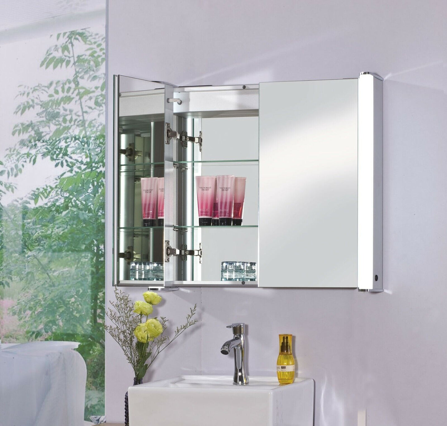 Double Luxury Bathroom Cabinet 2 Door LED Mirrored With Bluetooth Speakers