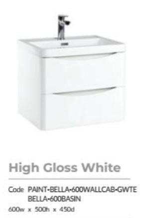 Bella Wall Hung Vanity units with Basin - High Gloss White (3 sizes)