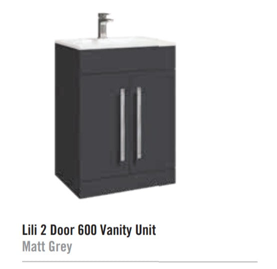 Lili 600mm Floor Standing 2 Door Vanity Unit With Basin- Matt Grey