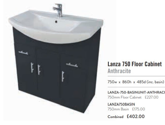 Scudo Lanza 750mm wide Vanity with Basin - Anthracite